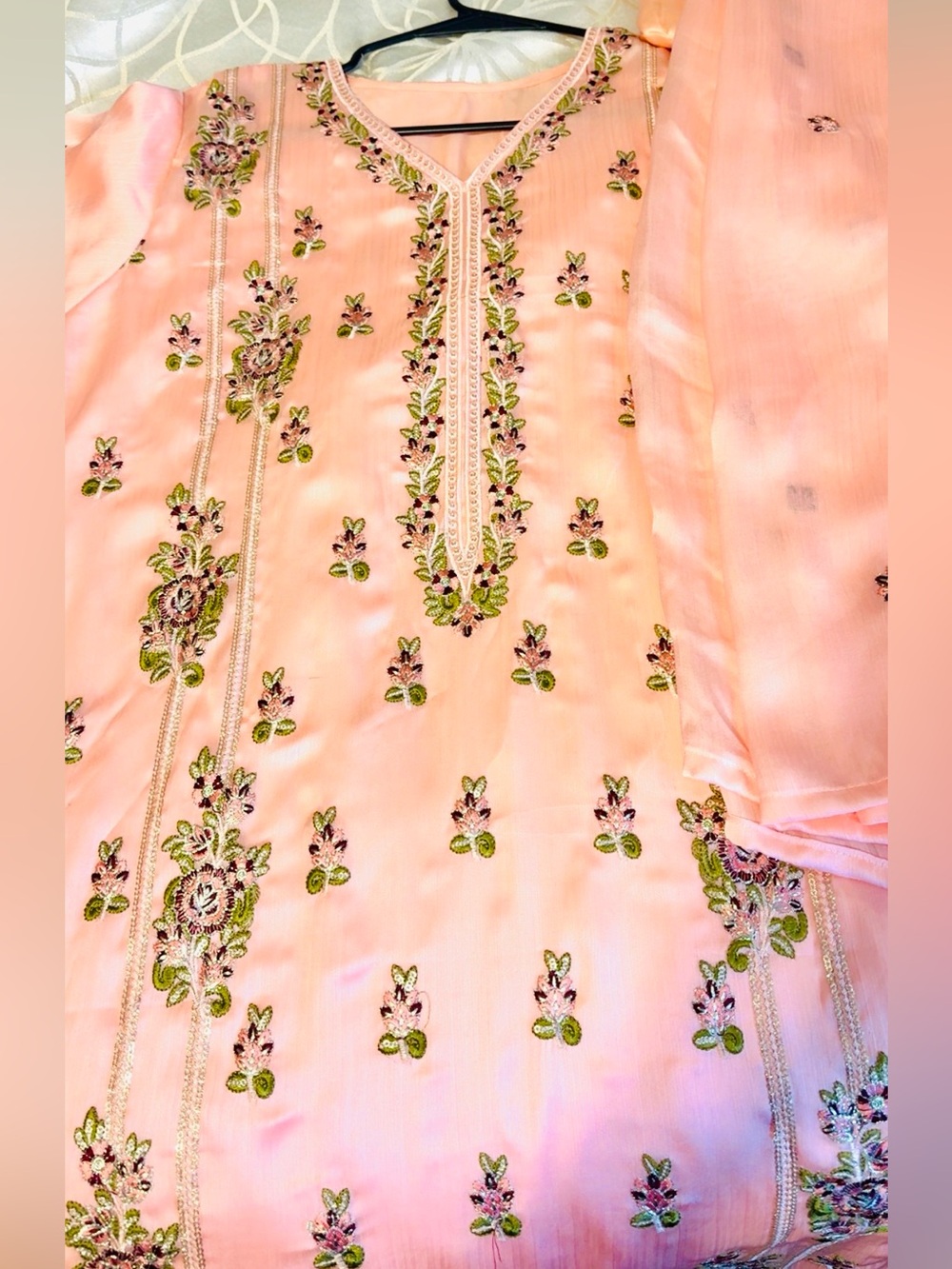 Peach Embroidered 3 pc Salwar Kameez with matching chiffon dupatta